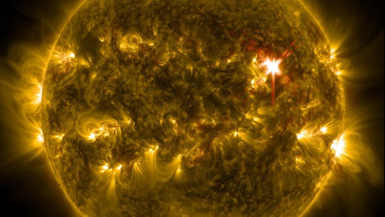 Extreme ultraviolet light streaming out of an X-class solar flare. Pic: NASA via PA